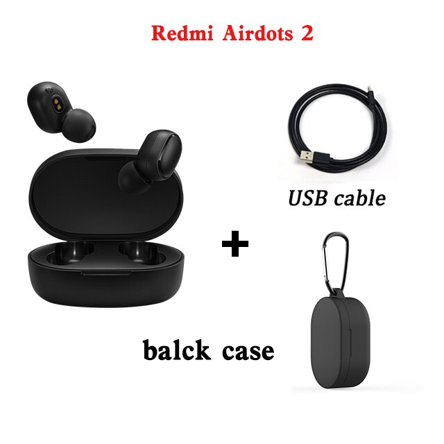 Xiaomi Redmi Airdots 2 Earbuds Tws Wireless Earphone Bluetooth 5.0 In Ear Stereo Headsets Noise Reduction With Mic Tap Control: air2black case cable