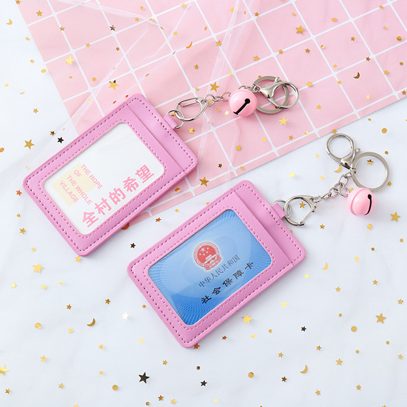 Pink Girl ID Card Holder PU Wallet With Small Bell Student Bus Card Set Cover Women Holder Bags Travel Accessories