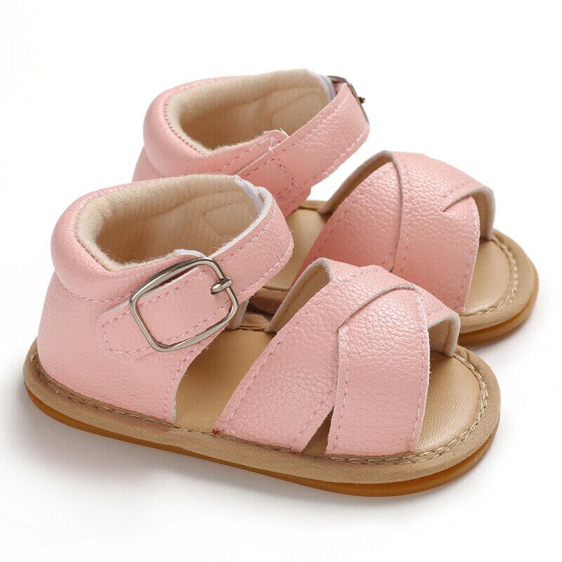 Recién Nacido bebé niña Sandalias Prewalker antideslizante zapatos de cuero de la PU de la hebilla de lindo verano bebé Infante zapatos: Rosa / 7-12 meses