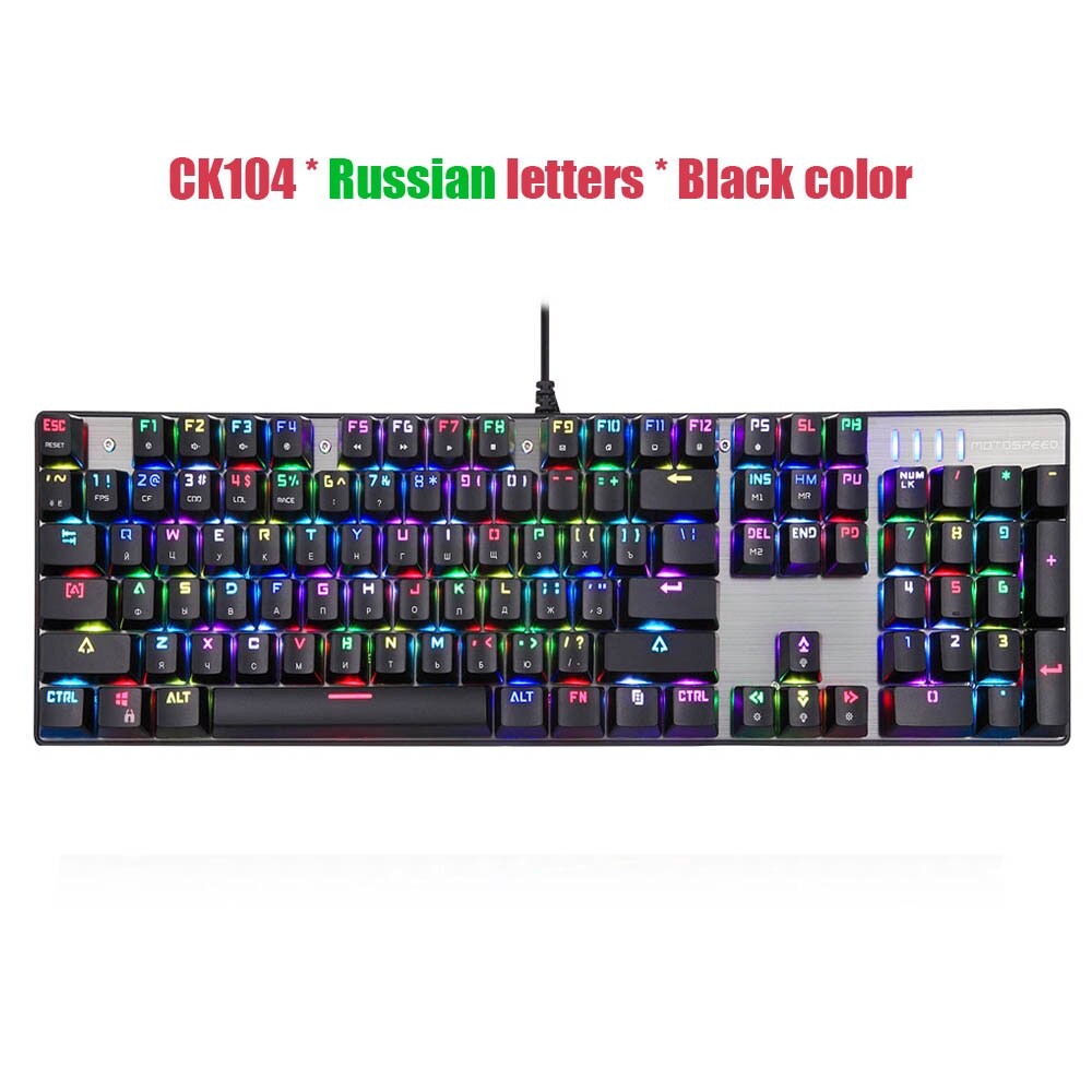Original Motospeed CK104 Gaming Mechanical keyboard Wired Metal Red Switch Blue Russian English LED Backlit RGB gamer Computer: Black Russian / Blue Switch