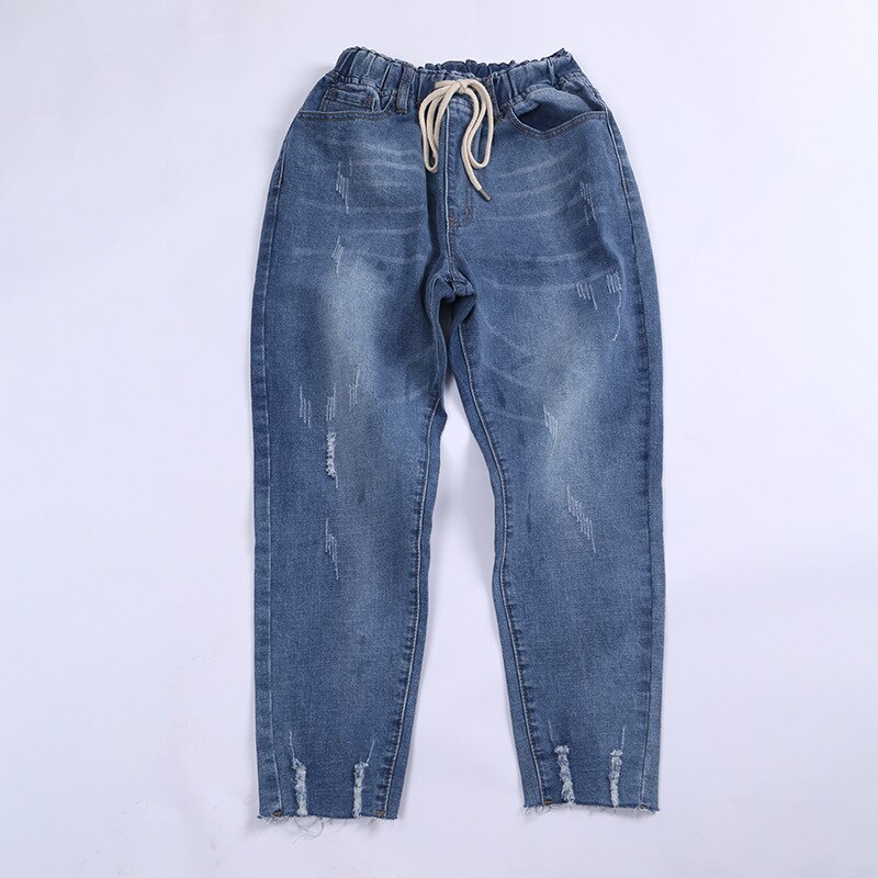 Zerrissenen Jeans Für Frauen Hohe Taille Plus Größe Kordelzug verlieren Denim Pluderhosen Femme 5xl 6xl 7XL 130kg