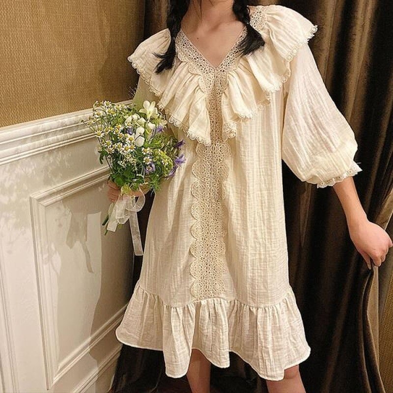 Qweek Katoen Victoriaanse Stijl Witte Vintage Jurk Vrouwen Nachtkleding Lolita Nachtjapon Mini Nachthemd Zomer Prinses Nachtkleding