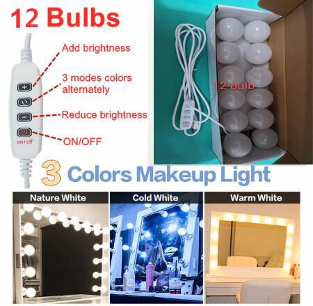 Bombillas LED para Espejo de Maquillaje, Luces de Pared Regulables con USB, para Tocador de Baño, Estilo Hollywood: 12 bulbs