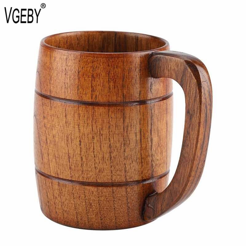 Natural Wooden Beer Cup Retro Big Capacity Tea Water Classic Wood Drinking Mug with Handle Coffee Beer Mug Drinking Cup