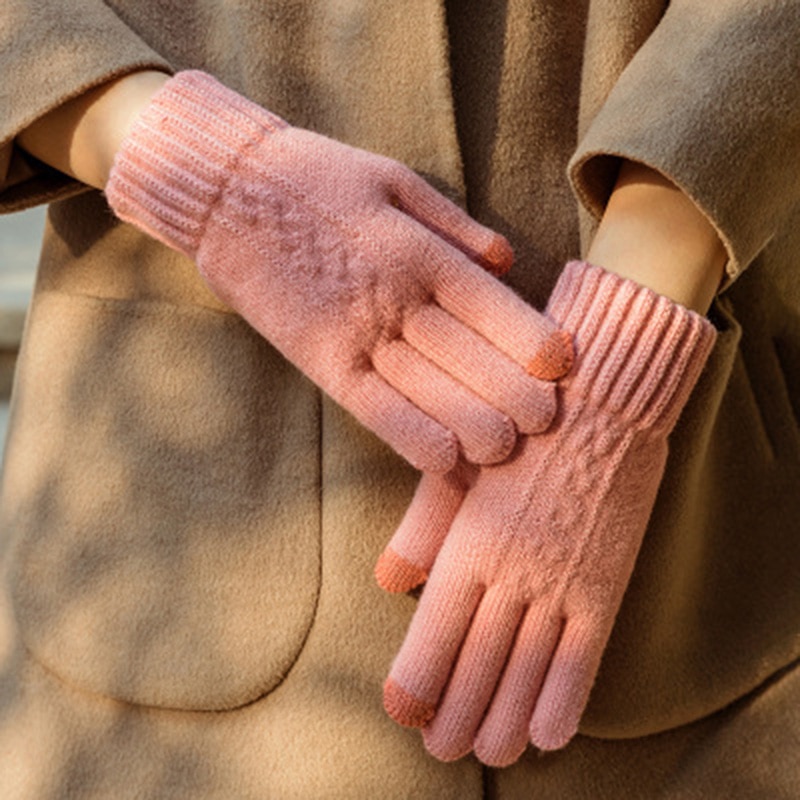 Guantes de punto de lana para mujer, guantes de lana trenzada con flores para pantalla táctil, invierno cálido, Jacquard de Cachemira, además de terciopelo, guante de conducción de abrigo grueso H48