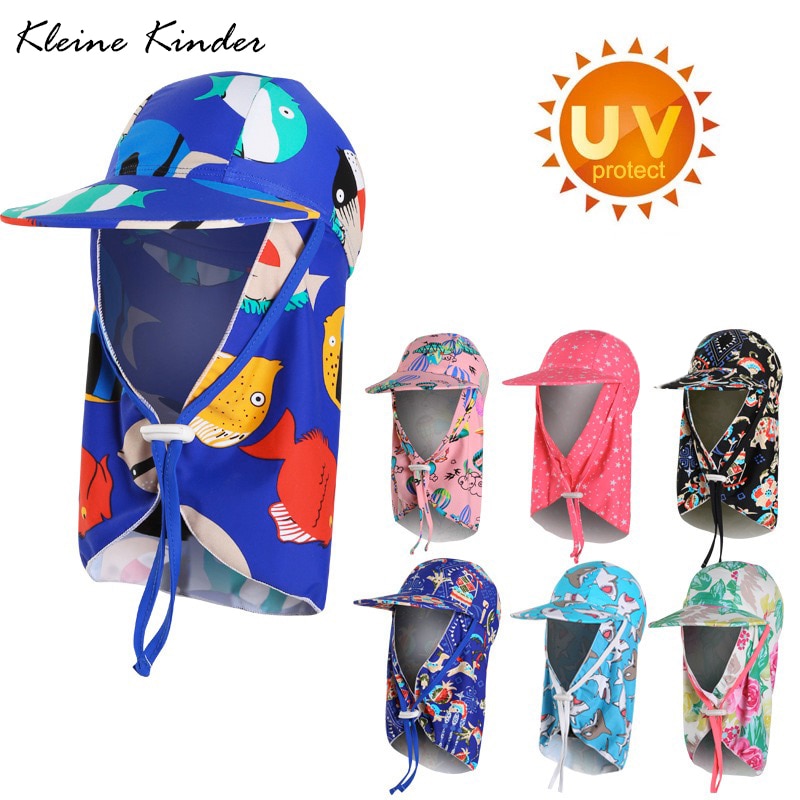 kids swimming caps outdoor sun sand UV rays block big brim sunhat ear neck cover print swim cap kids bathing cap for boys girls