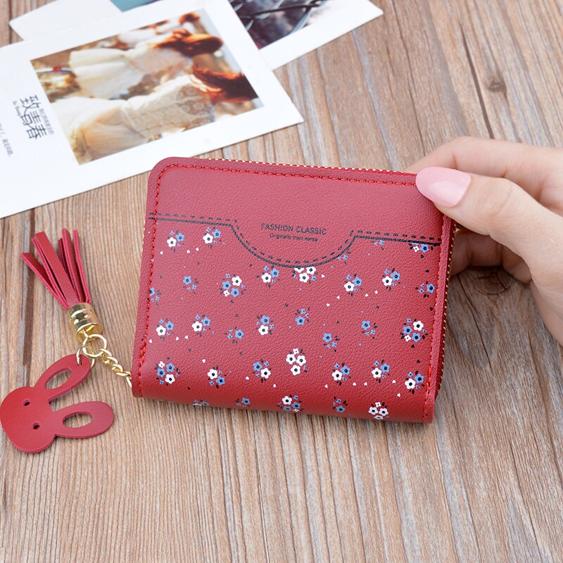 nueva cartera de mujer cartera corta de piel cremallera tarjeta con borla bolso Estudiante Coreano pequeña cartera Floral: Borgoña