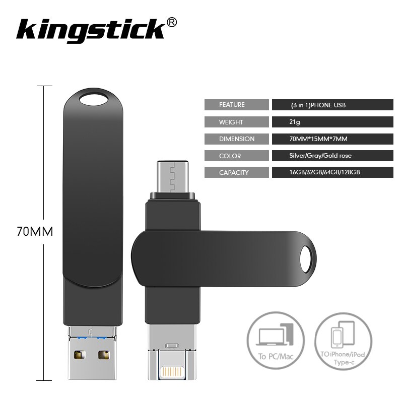 Clé USB pour iPhone X/8/7/7plus/6/6 s/5/SE/ipad OTG TypeC clé USB 8GB 16GB 32GB 64GB 128GB