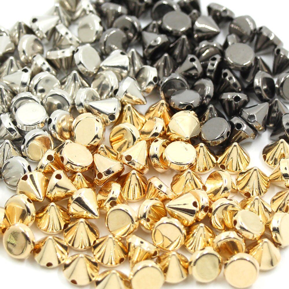 Picos y tachuelas de plástico cónico de 8/10MM, 2 agujeros, para coser, para tela, plata, oro, negro, CCB, remaches de cuero, artesanías Punk para bolsas