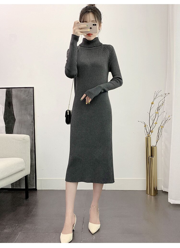 Coltrui Volledige Mouw Gebreide Jurk Vrouwelijke Winter Fall Vestidos Casual Dikke Gedraaide Vrouwen Lange Trui Jurken Beige: gray dress