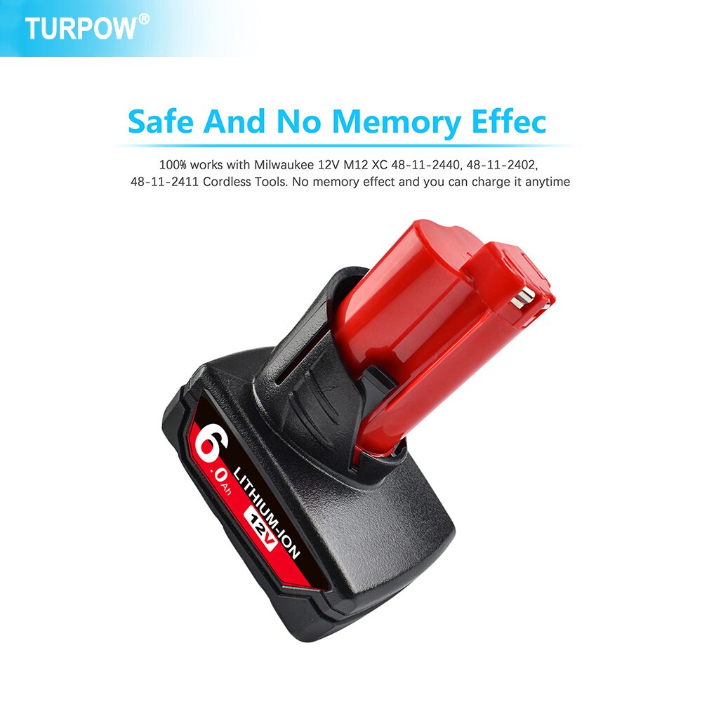 Turpow 12V 6000Mah Oplaadbare Batterij Voor Milwaukee M12 Xc Cordless Gereedschap 48-11-2402 48-11-2411 Batterijen 48-11-2401 MIL-12A-L