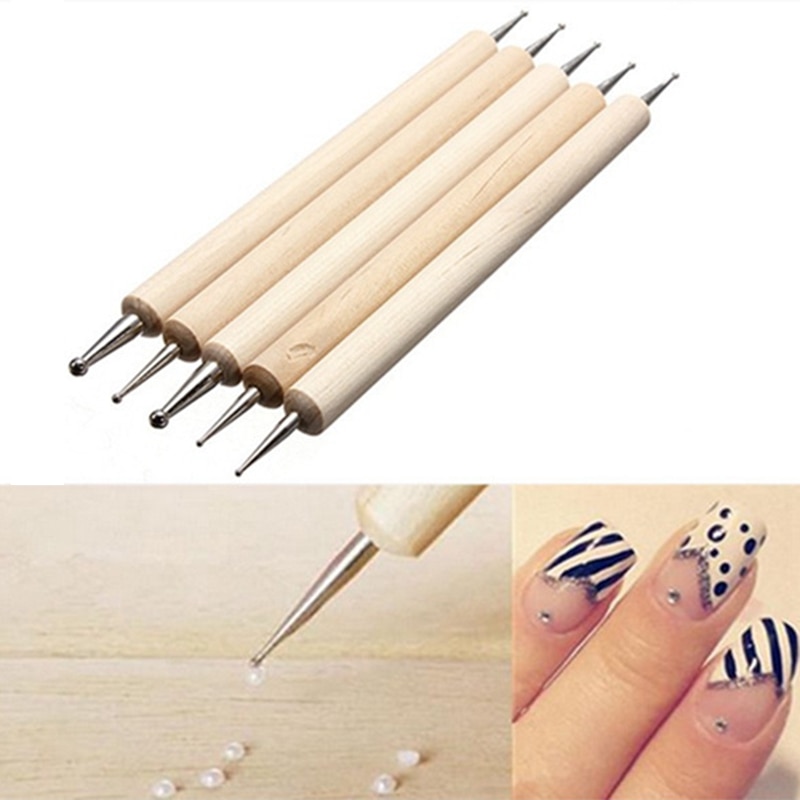 Pluma de madera de 2 vías para punteado de uñas, herramienta de marmoleado para manicura, herramientas de belleza con mango, recolector de diamantes de imitación, Kit de herramientas de pintura de uñas, 5 uds.