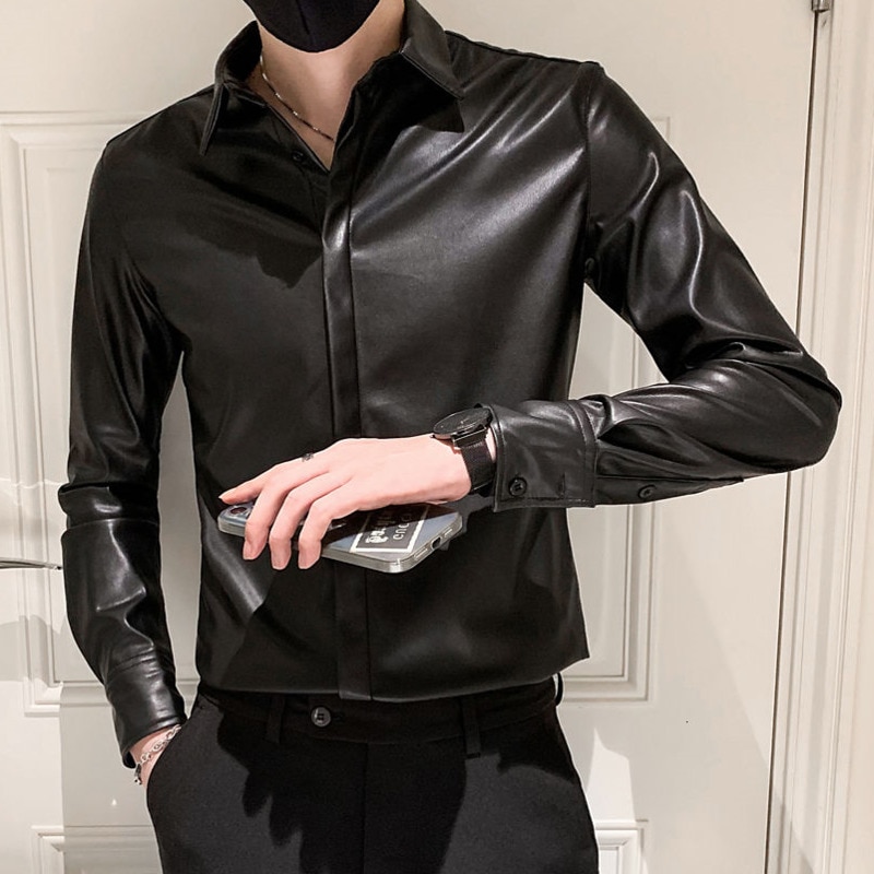 Efterår vinter herre & #39 ;s koreansk slim fit læder skjorte herre & #39 ;s camisa social masculina trend mærke sorte læder skjorter