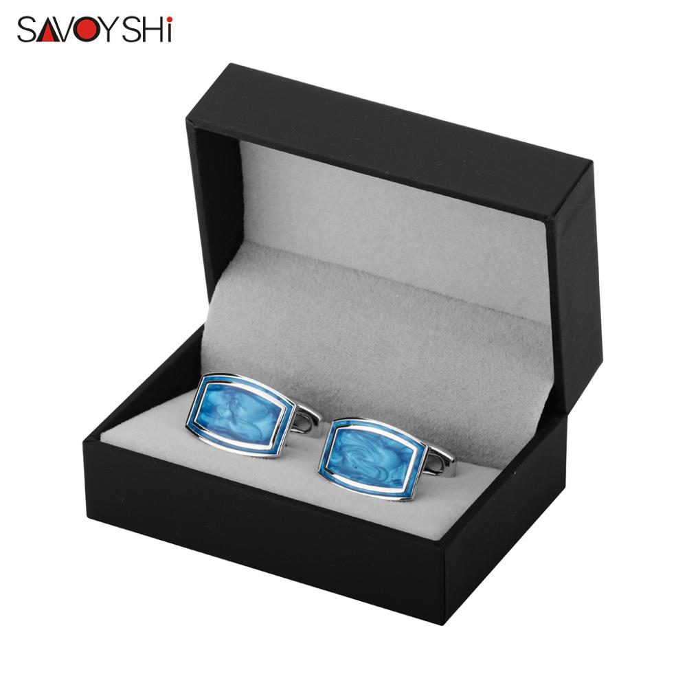 SAVOYSHI Manschettenknöpfe für Herren Anzug Hemd Manschette tasten Blau Harte Emaille Manschette Verknüpfungen Logo Freies Gravur: Cufflinks mit Kasten A