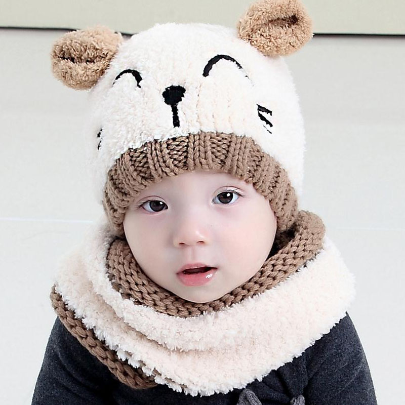 coreano dos orejas oso pequeño niños tejidos sombreros Invierno 2 uds piel bebé niña bufanda conjunto de 6 meses-3 años MZ4161: Khaki