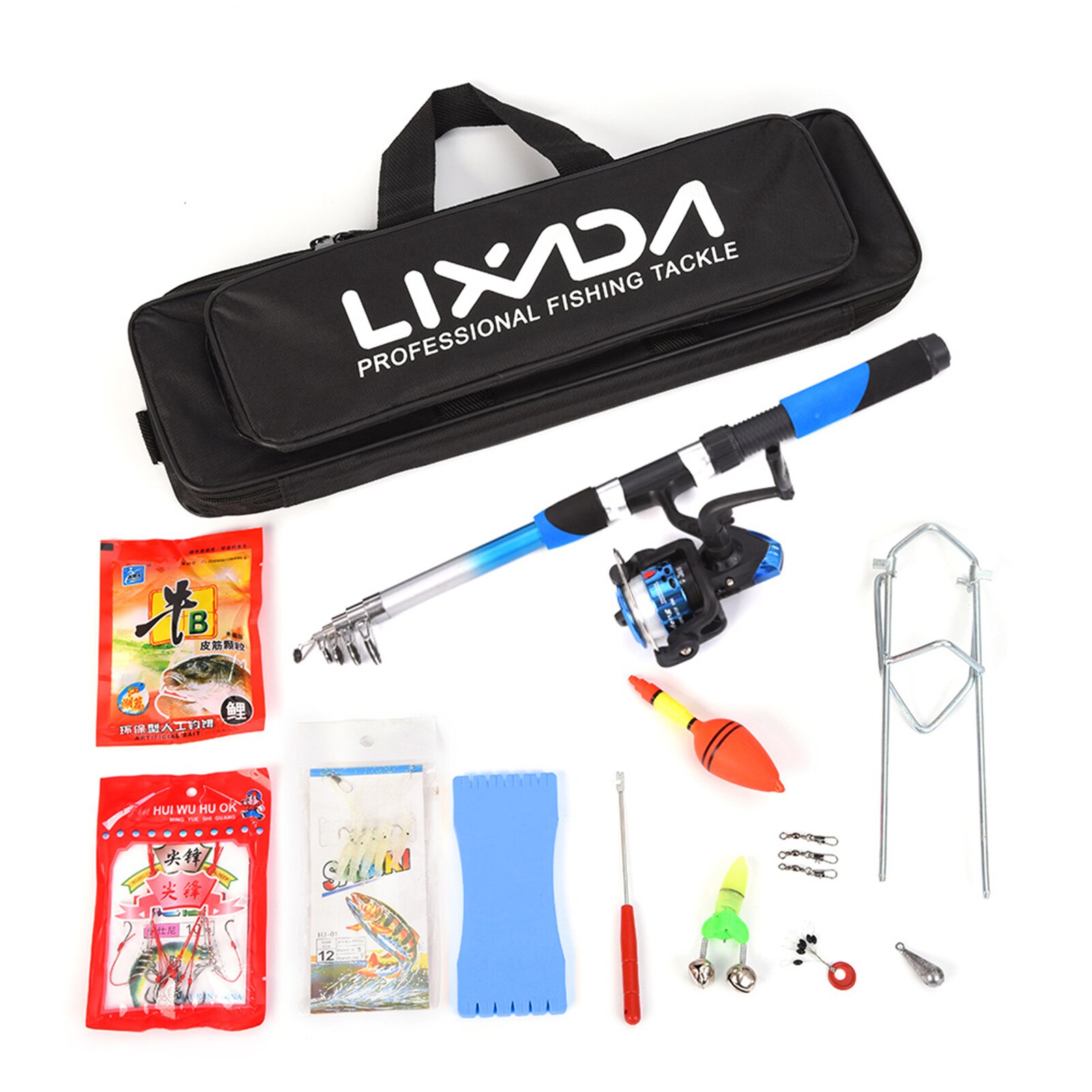 Lixada Fishing Tackle Set with Telescopic Fiberglass Fishing Rod Spinning Fishing Reel Fishing Baits Hooks Fishing Bag Combo Kit