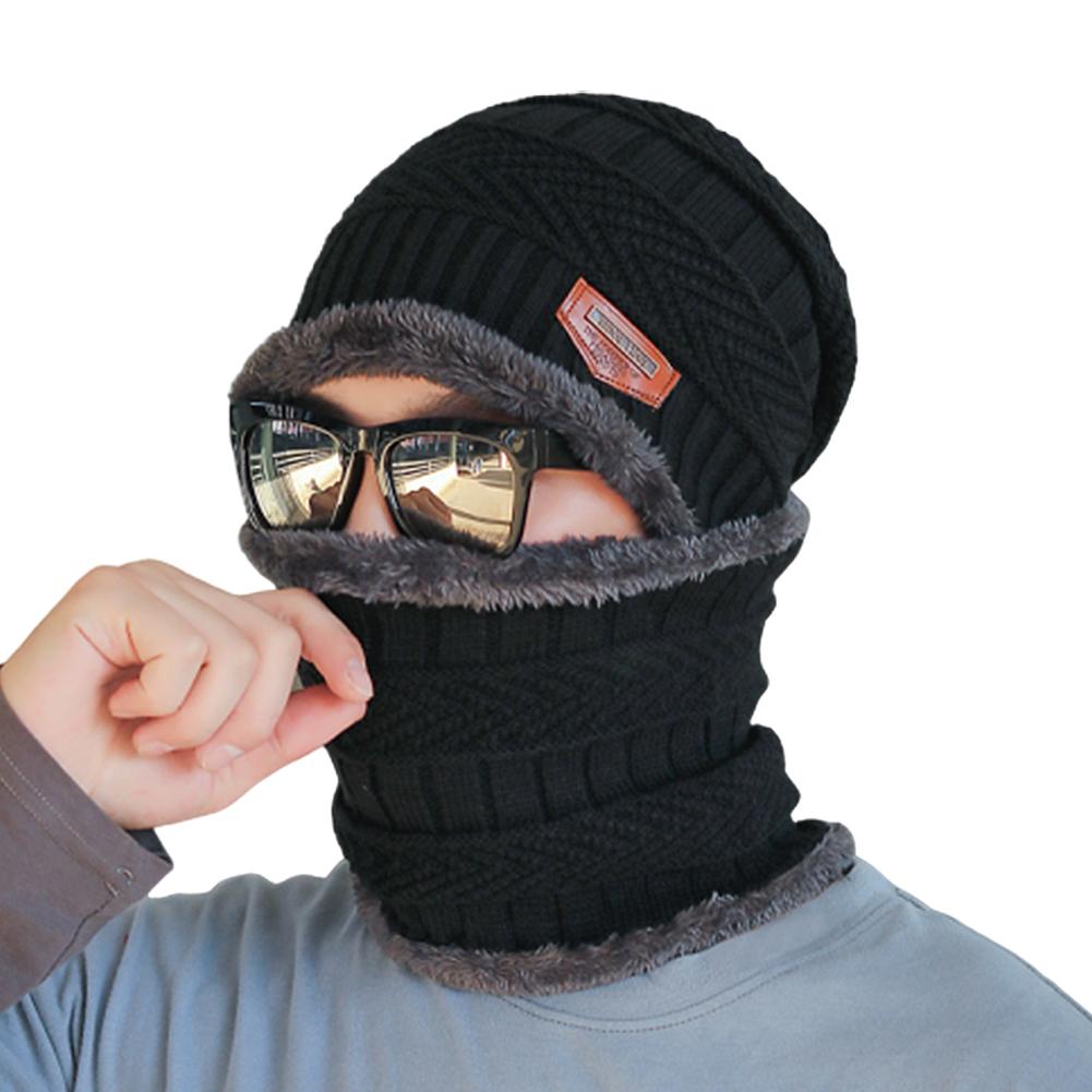 Winddichte gebreide muts/sjaalset voor heren in de winter, warme, dikke fleece muts/sjaalset, effen gebreide skimuts/ringsjaal: Zwart
