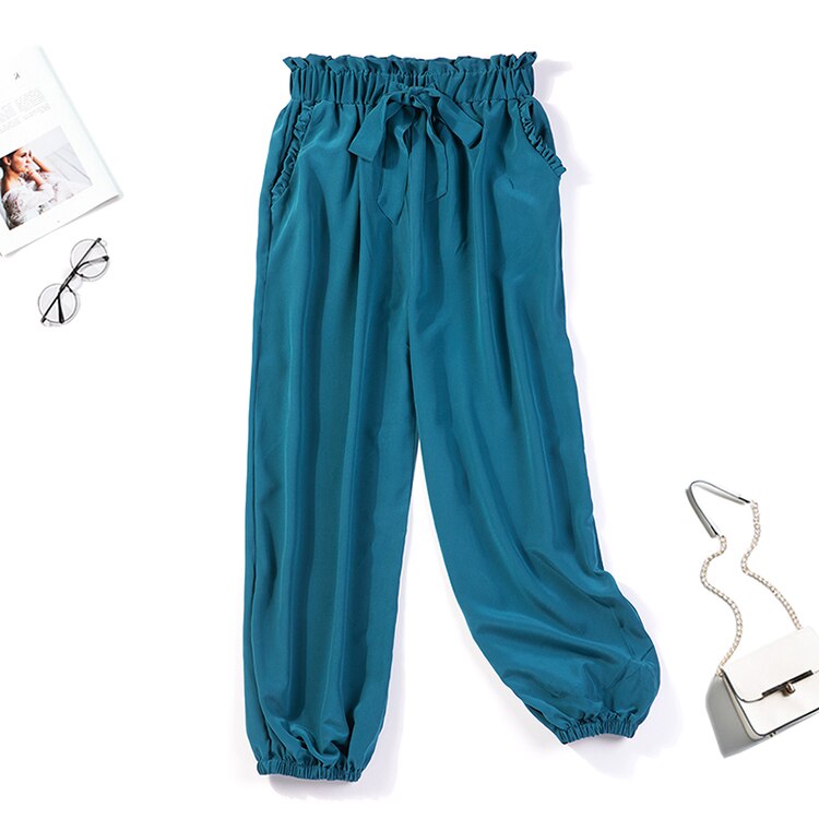Pantalones de correr con cinturón de seda de morera auténtica para mujer, pantalones de cintura elástica, multicolor, JN134, 100%: blue