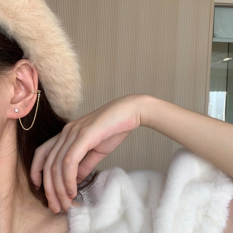 Minimalistyczny złoty kryształ stadnina połączyć łańcuch Earclip przeszywający Earcuff kolczyki dla kobiet 2020 akcesoria biżuteria