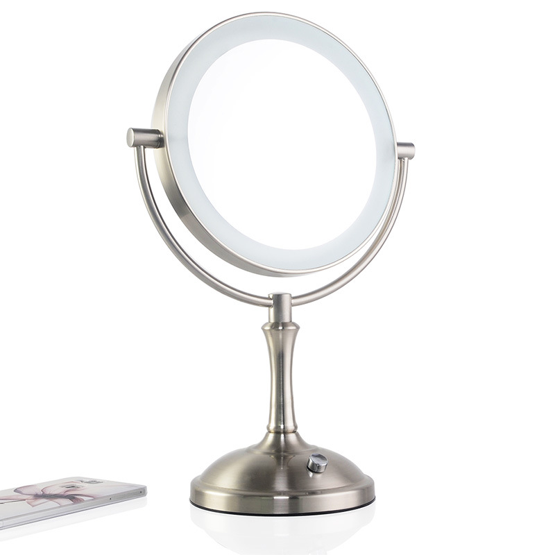 Miroir de maquillage métallique à 2 faces, 8 pouces, avec lampe LED grossissante 3X 5X 10X, pour cosmétique, réglage de la luminosité: Brushed nickel 3X