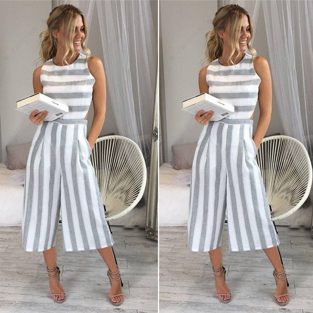Crew Neck Sleeveless Striped Fashion Long Jumpsuit