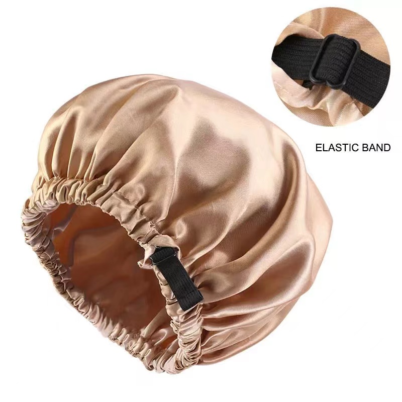 Satin Nightcap Invisible Flat Adjustment Buckle Simulated Silk Double Round Cap Makeup Washing Cap.: Khaki