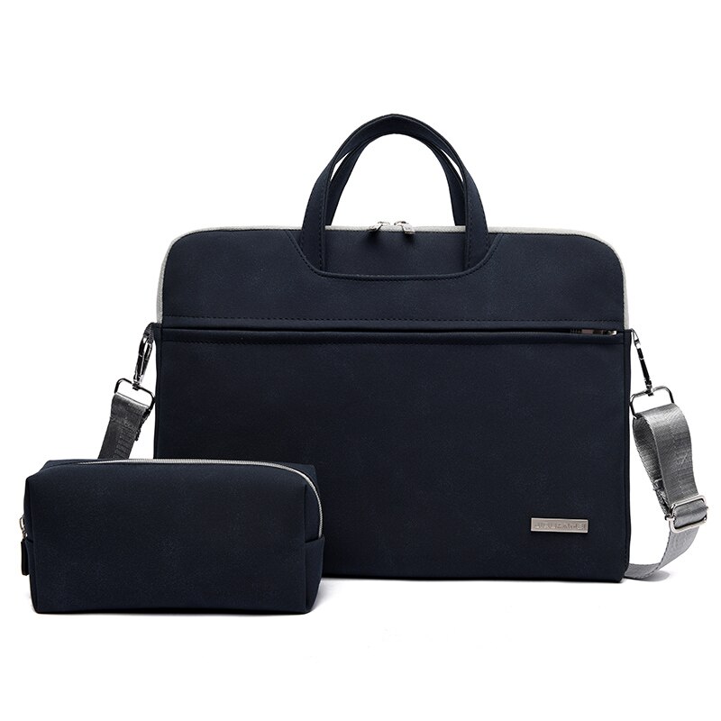 Bolsa de ombro para laptop, bolsa à prova d'água de couro pu, estojo para laptop 13.3 14 15.6 polegadas para macbook air pro pro pro: Navy blue-set / 14-inch