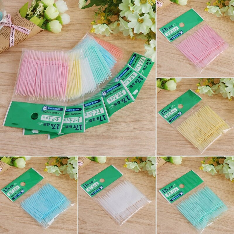 100Pcs/Lot Soft Plastic Double-headed Brush Stick Floss Pick Toothpick Oral Care