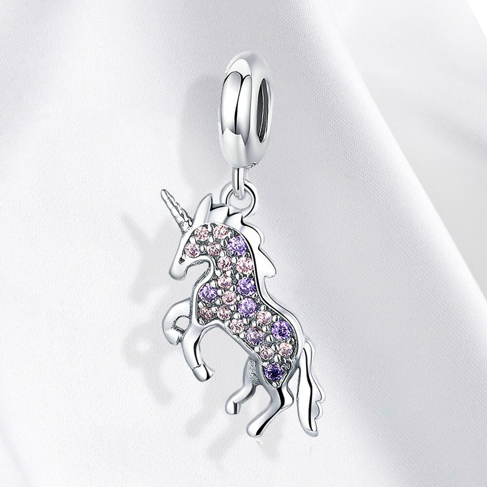 Echt 925 Sterling Silber charme Einhorn Baumeln charme Funkelnden CZ anhänger passen Original 3MM Halskette für frauen