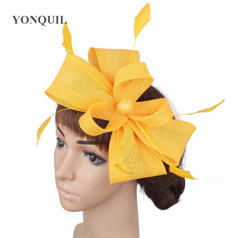 Blanc bow nouvelle mariée coiffe de mariage fascinator accessoires femmes plume coiffe maille cheveux chapeaux mariage bandeau: Jaune