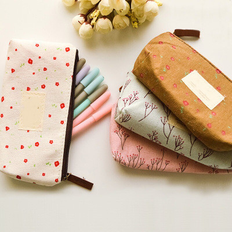 Canvas Zipper Pencil Cases Cute Kawaii Floral Flower Lovely Fabric Flower Tree Pen Bags School Supplies