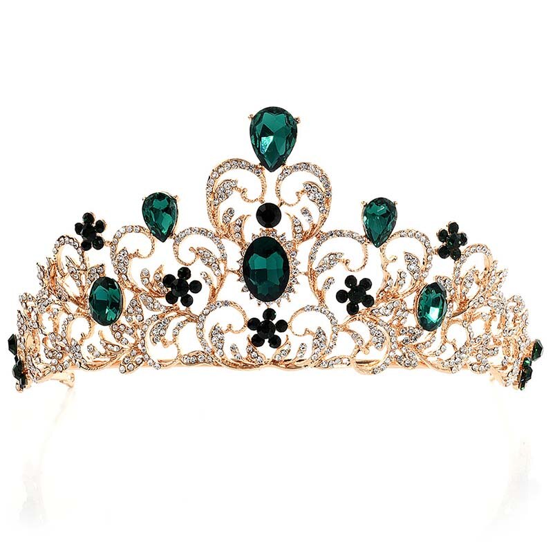 Frauen Luxus Strass Blume Tiara Braut Crown Hochzeit Braut Silber Farbe Kristall Hohl Große Krone Diadem Haar Zubehör JL: green
