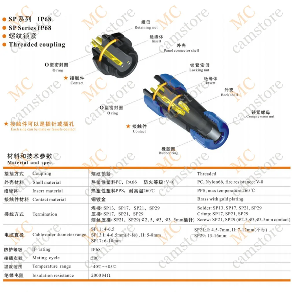 SP2116, waterproof connector 2-15 pin power cable flange panel mount connector Angle male and female connectors, IP68, solder