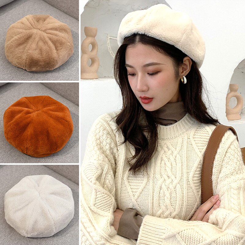 Femmes élégantes fausse fourrure bérets chapeaux décontracté couleur unie automne fille hiver coupe-vent chapeau femme Simple Vintage casquettes