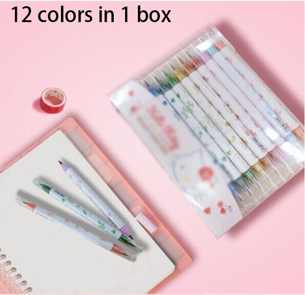 48 Stks/partij Leuke Kat Markeerstift 12 Kleuren Dubbele Hoofd Fijne Fluorescerende Marker Liner Tekening Pennen Kantoor Schoolbenodigdheden: Default Title