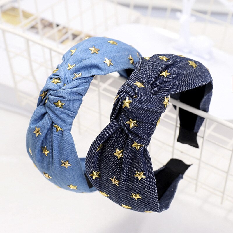 Vintage Sterren Jewel Rhinestone Denim Haarband Voor Vrouwen Knot Tulband Hoofdband Meisjes Haar Accessoires Bandeau Cheveux Opaska Doen