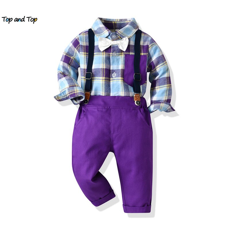 Top and top – ensemble de vêtements à carreaux pour garçons, chemise à manches longues + pantalon à bretelles, tenue décontractée pour enfants, 2 pièces