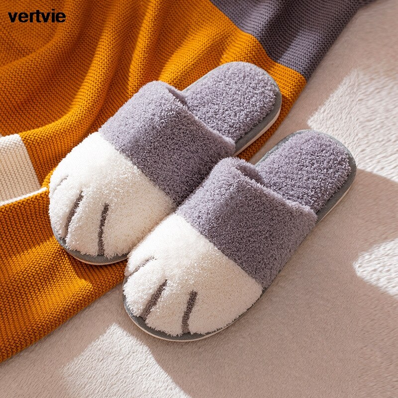 Vertvie Winter Slippers Vrouwen Mannen Paar Schoenen Leuke Kat Poot Thuis Indoor Harige Slippers Unisex Warm Pluche Slippers Zachte Schoenen: gray / 44-45