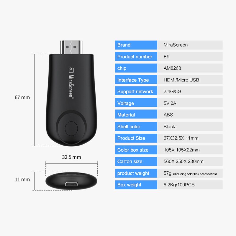Mirascreen WIFI TV Stick HD Wireless Stick Display Receiver 1080P Wifi Dongle Same Screen Device Projector Screen Adapter: E9