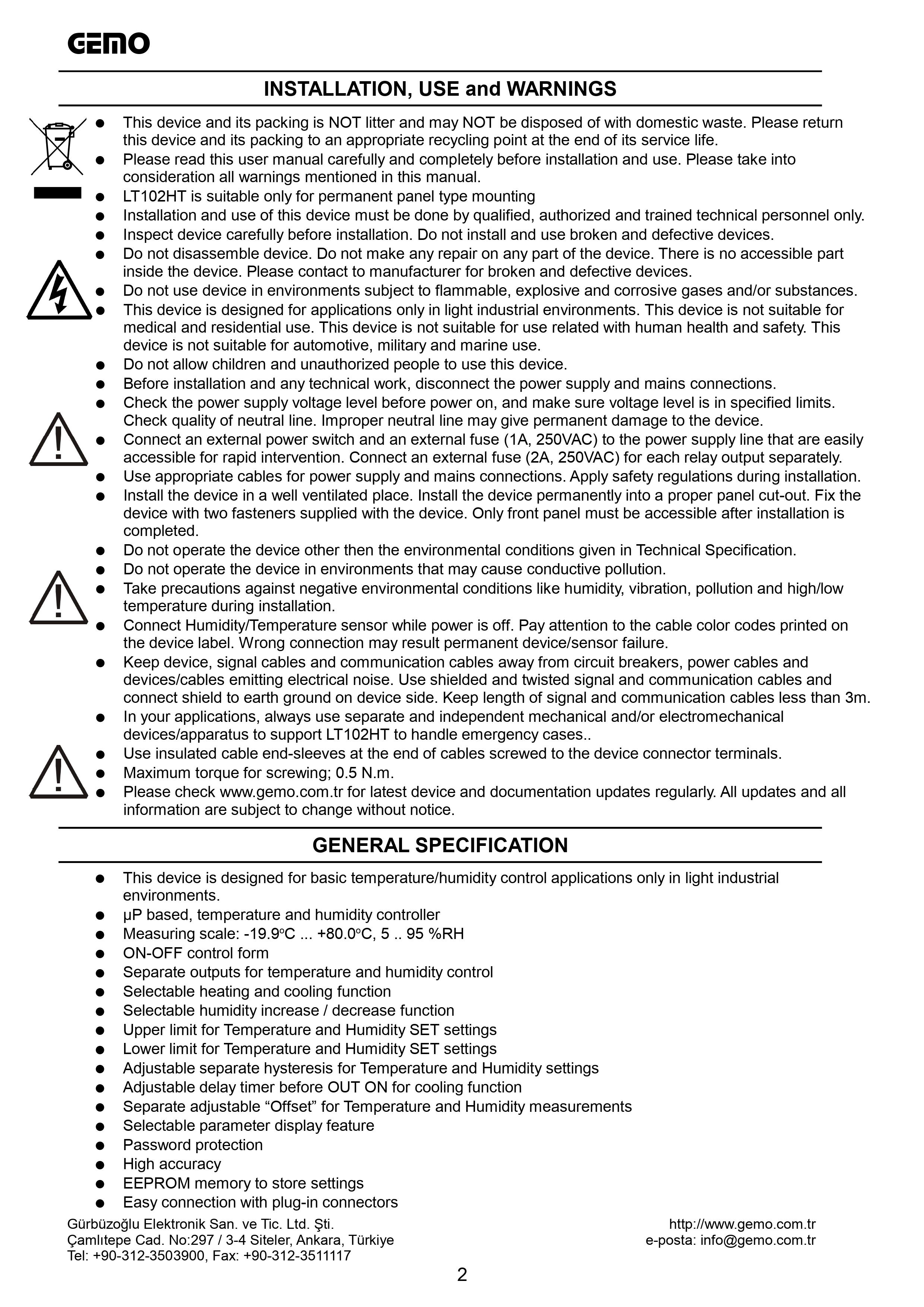 LT102HT; Gemo ON/OFF effect: Humidity Controller Upper limit for effect: Humidity SET