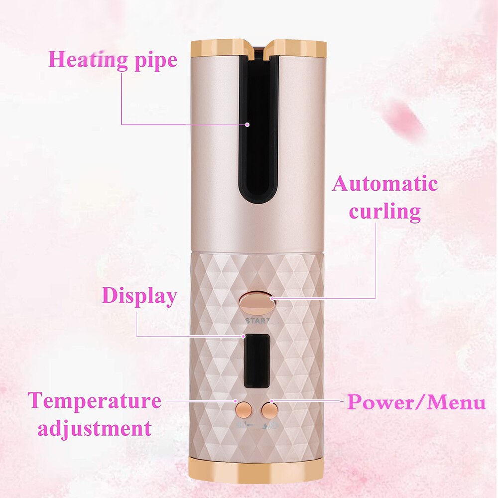 Cordless Automatic Hair Curler USB Rechargeable Curling Iron Curls Waves LCD Display Ceramic Curly Rotating Curling Wave Styer