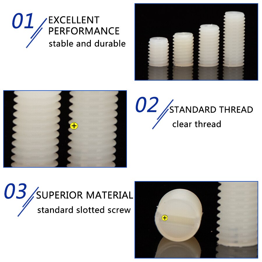 M10 m12 weiße, geschlitzte Nylon-gewindestifte mit kunststoffgewinde und flachem kopf, metrische, kopflose schlitzschrauben, madenschraubenlänge 15mm-50mm