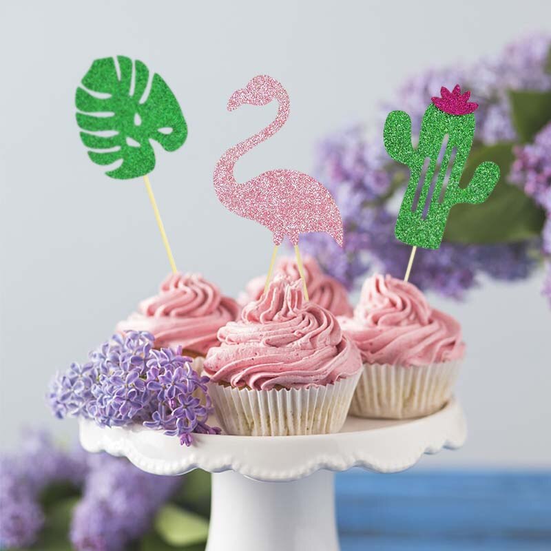 10pcs Glitter Paper Cake Topper Coconut Flamingo Cactus Flowers Leaf Cupcake Toppers Baking Decor Birthday Hawaii Party Supplies