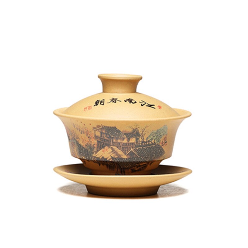 Chinese Yixing Paarse Klei Gaiwan Ruwe Erts Sectie Modder Handgeschilderd Thee Kommen Traditie Waterkoker Thee Set Huishoudelijke Drinkware