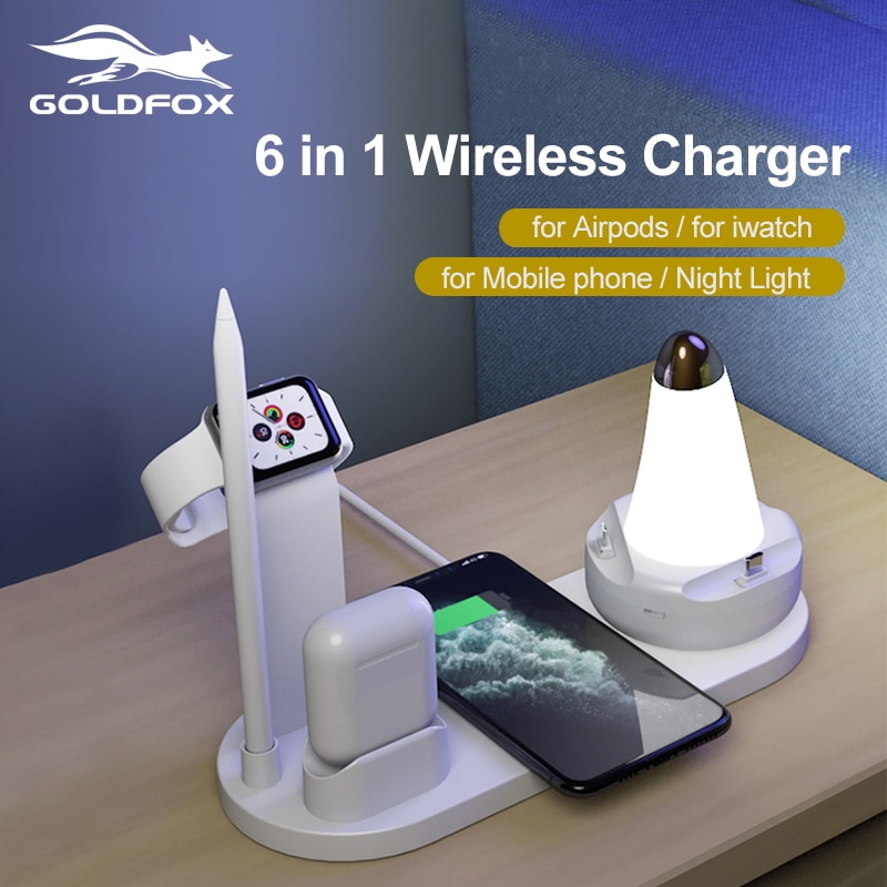 6 in 1 Wireless Charger Pad Night Lamp for Airpods Apple watch Charger Dock 10W Fast Wireless Charging for iphone 11 pro Samsung