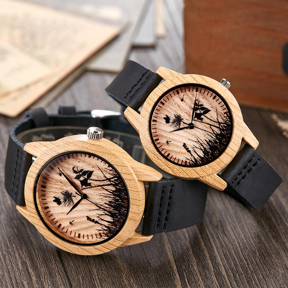 Wood Watch Men Women Couple Quartz Imitation Bamboo Wooden Male Animal Horse Watch Watches Leather Wrist Clock Reloj