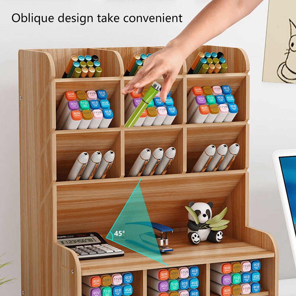 Desk Organizer Multi-Functional Wooden DIY Pen Holder Ox Desktop Stationary Home Holder Office Desktop Storage Shelf