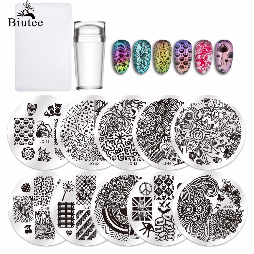 Biutee 10 stuks nagelplaten + transparante jelly siliconen nagelkunst stempel schraper stempel sjabloon afbeelding platen nagelstempel plaat gereedschap