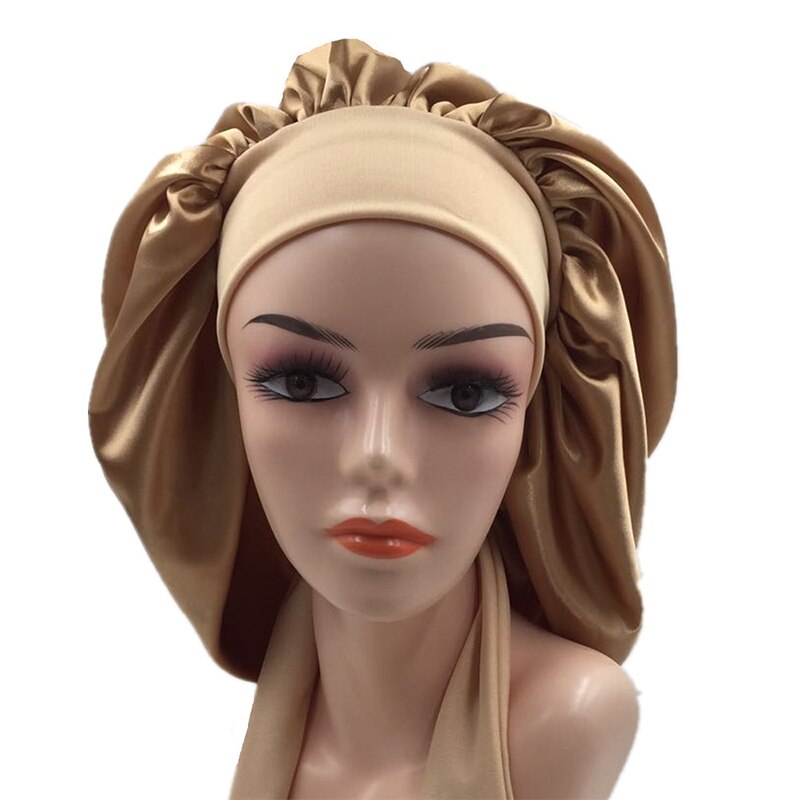 Women Night Sleep Cap Satin Solid Sleeping Hat Hair Care Bonnet Nightcap Unisex Head Cover Caps Shower Turban Wide Elastic Band: Khaki