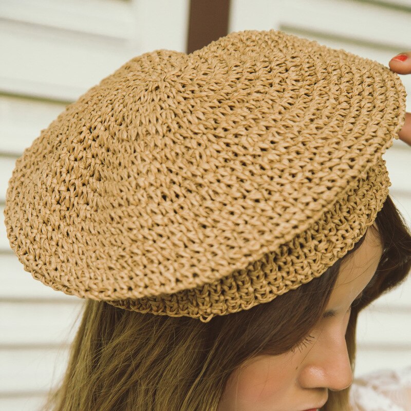 Boina de paja japonesa para mujer, sombrero de pintor, sombrero de paja transpirable, boina informal para mujer de verano: khaki